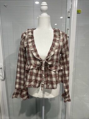 American Eagle Outfitters Cream and Burgundy Plaid Ruffle Tie-Front Top